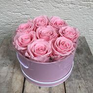 Image sur Boîte à roses – ronde, en rose, avec 8 roses véritables, stabilisées, en rose