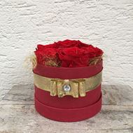 Bild von Festliche Rosenbox - rund, in rot, mit 7 roten, echten, stabilisierten Rosen  Ø ca. 15 cm