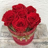 Image sur Boîte à roses – ronde, en rouge, avec 6 roses véritables, stabilisées, en rouge