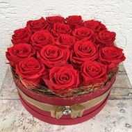 Image sur Boîte à roses – ronde, en rouge, avec 17 roses véritables, stabilisées, en rouge