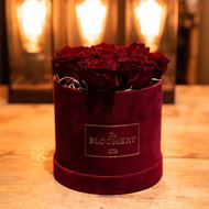 Rosenbox in Bordeauxrot Samt, mit 8 stabilisierten Rosen Burgundy Ø 15 cm