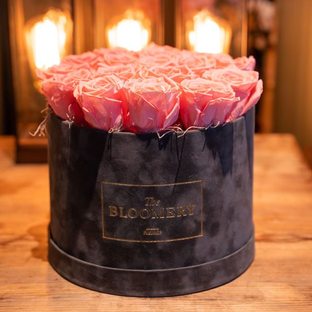 Rosenbox in Grau Samt, mit 18 stabilisierten Rosen Pink Nectar Ø 23 cm