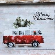 Merry Christmas Bild mit VW-Büsli im Vintage - Stil