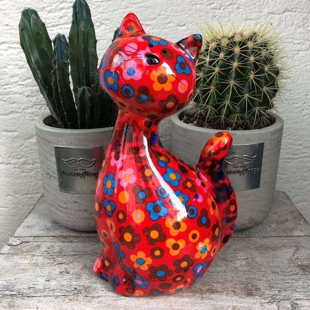 Coole Keramik-Katze mit bunten Blumen