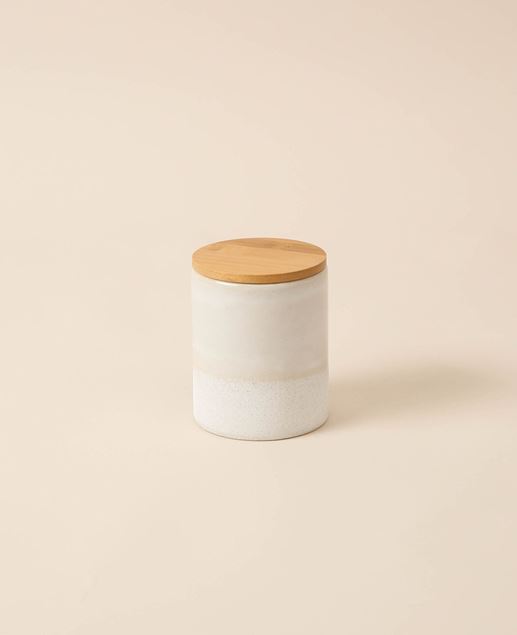 Image de Boîte ronde en faïence émaillée beige avec couvercle en bambou