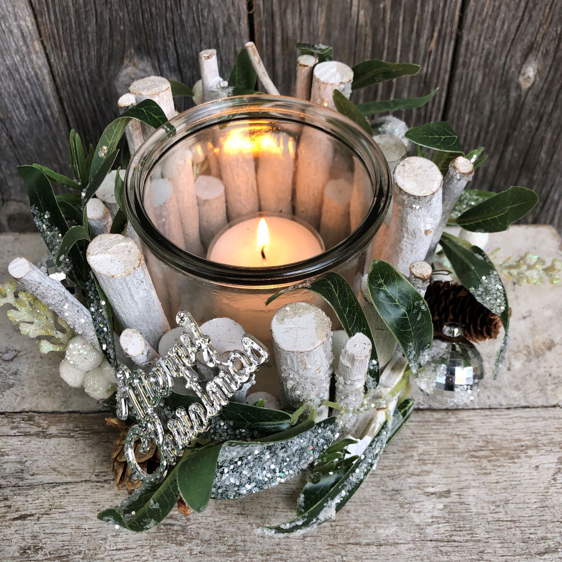 Teelicht geschmückt Merry Christmas weiss-silber