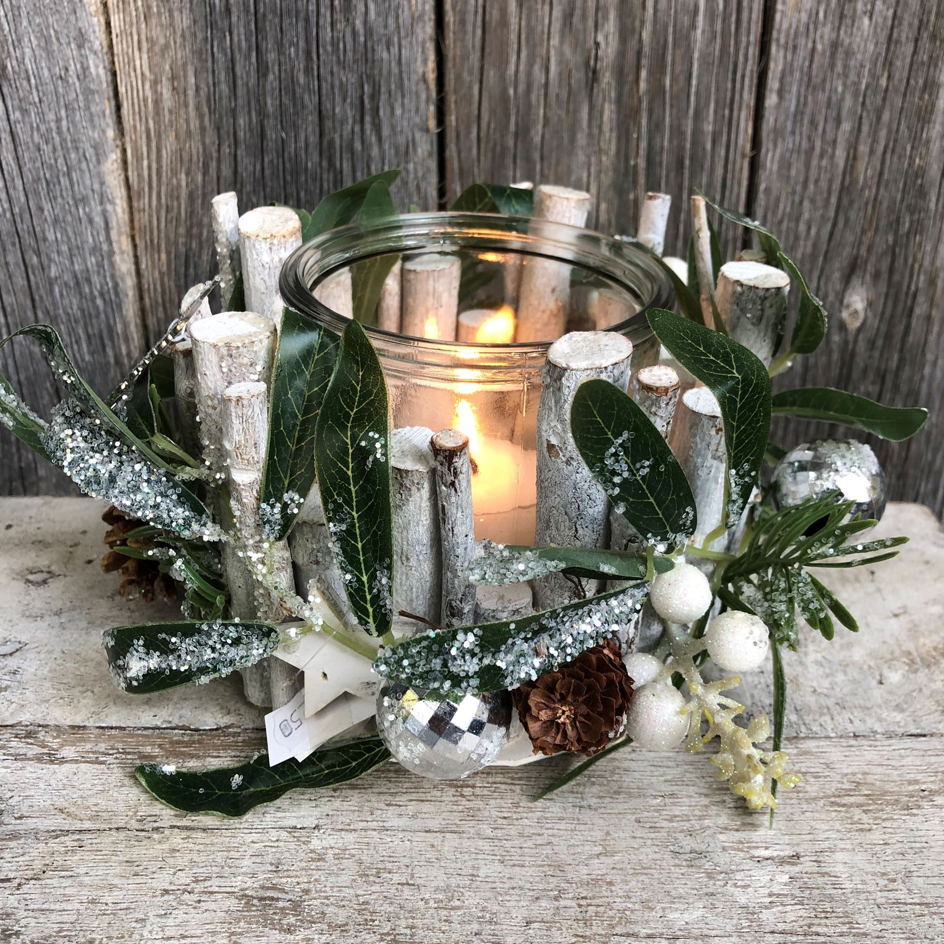 Teelicht geschmückt Merry Christmas weiss-silber