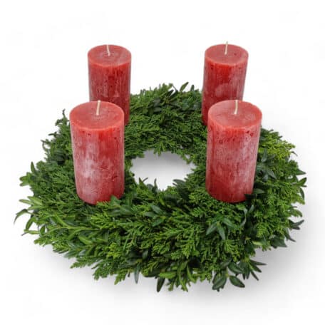 Couronne de l'Avent 'brute' Ø35cm avec 4 bougies rouges 6x11cm