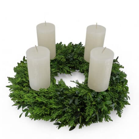 Couronne de l'avent 'brute' Ø35cm avec 4 bougies blanc laine 6x11cm