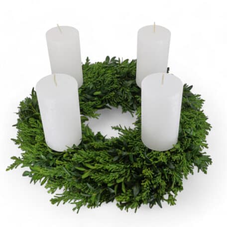 Couronne de l'Avent 'brute' Ø35cm avec 4 bougies blanches 6x11cm
