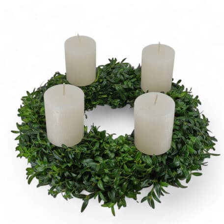 Couronne de l'avent 'brute' Ø35cm avec 4 bougies blanc laineux 6x8cm