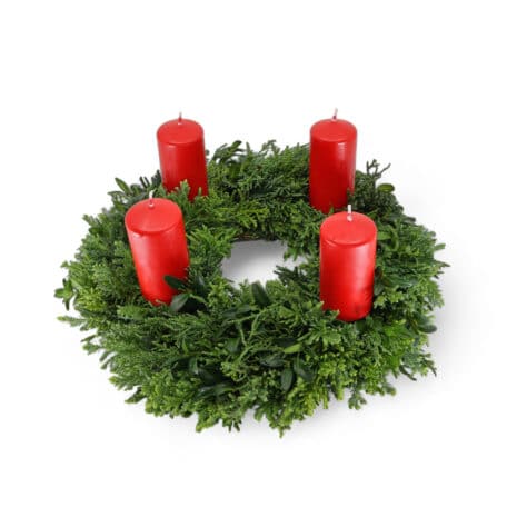 Couronne de l'Avent 'brute' Ø25cm avec 4 bougies rouges 4x8cm