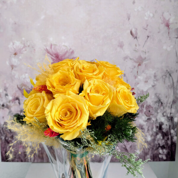 Bouquet de 15 roses stabilisées, jaune