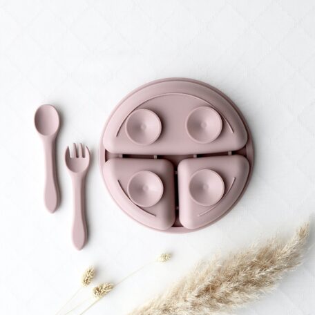 Silikon-Essteller mit Unterteilung mit Gabel und Löffel rosa