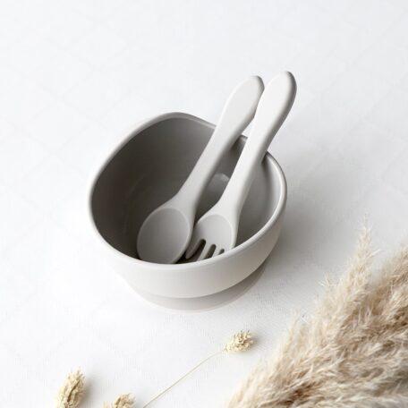 Silikon-Schalen mit Löffel und Gabel grau