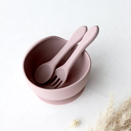 Silikon-Schalen mit Löffel und Gabel rosa