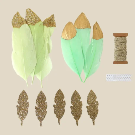 Set de plumes décoratives, vert & or