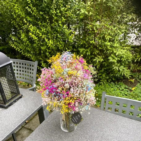 Bouquet de fleurs séchées « Rainbow » à base de gypsophile, avec vase